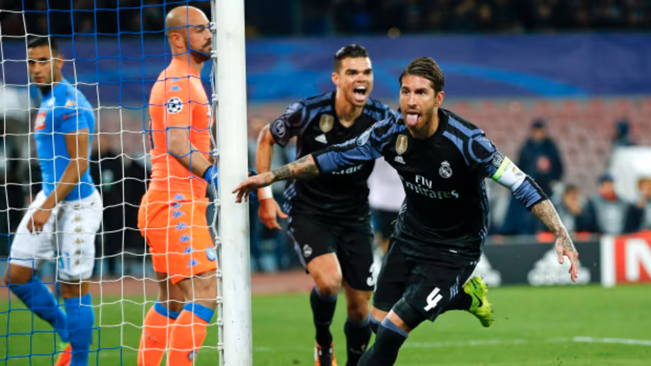Football Soccer - Napoli v Real Madrid - UEFA Champions League Round of 16 Second Leg - San Paolo stadium, Naples, Italy - 07/03/17 - Real Madrid's Sergio Ramos celebrates after scoring against Napoli.  REUTERS/Ciro De Luca - RTS11V68