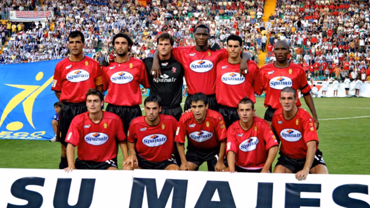 R. C. D. MALLORCA - Palma de Mallorca, España - Temporada 2002-03 - Miguel Ángel Nadal, Niño, Leo Franco, Harold Lozano, Poli y Eto'o; Riera, Álvaro Novo, Ibagaza, Cortés y Pandiani - R. C. D. MALLORCA - Temporada 2002-03 - R. C. D. MALLORCA 3 (Eto'o 2 y Pandiani), RECREATIVO DE HUELVA 0 - 28/06/2003 - Copa del Rey de Fútbol, final - Elche, Alicante, estadio Martínez Valero - El MALLORCA, con Gregorio Manzano de entrenador, gana por primera vez la Copa