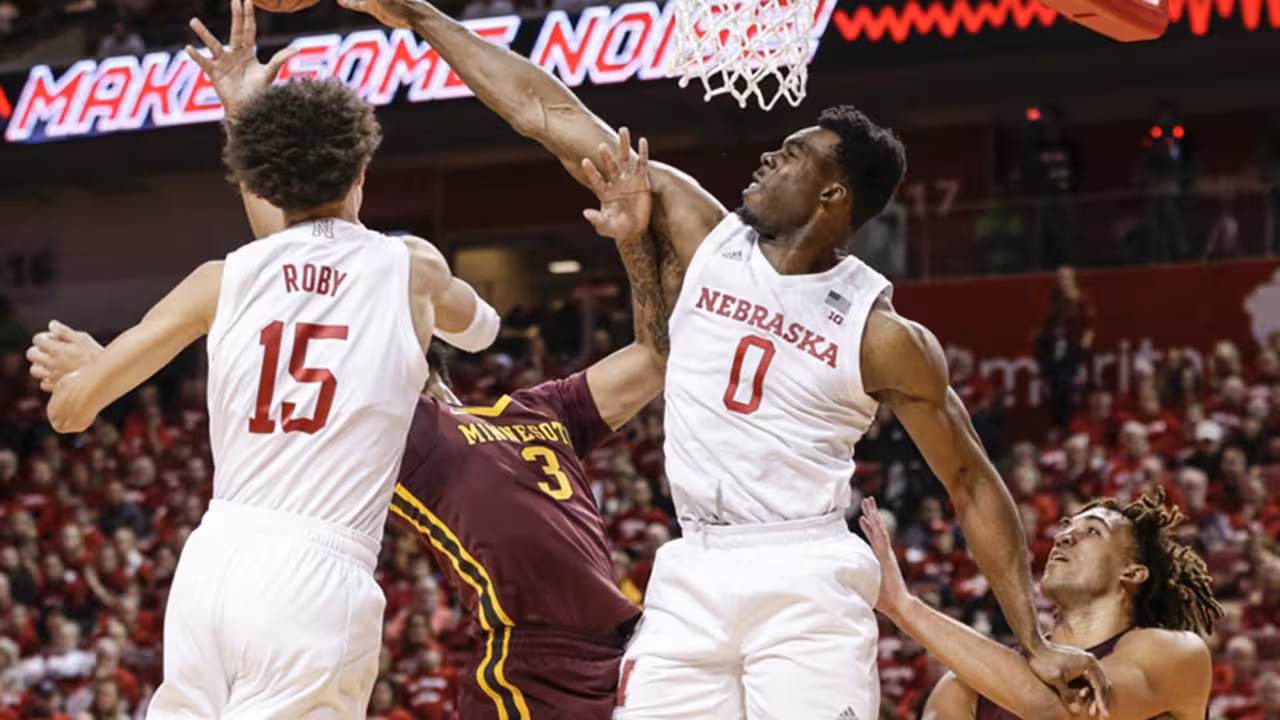 Nebraska's Duby Okeke (0) blocks a shot by Minnesota's Jordan Murphy (3), with Nebraska's Isaiah Roby (15) and Minnesota's Reggie Lynch (22) watching, during the first half of an NCAA college basketball game in Lincoln, Neb., Tuesday, Dec. 5, 2017. (AP Photo/Nati Harnik)