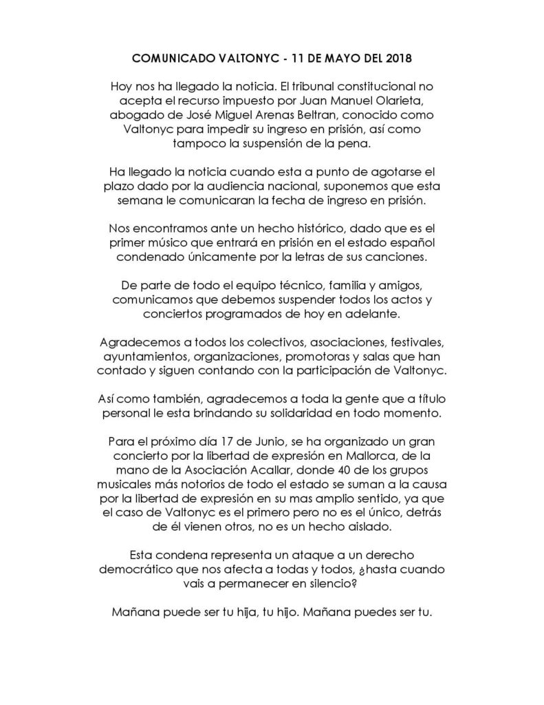 Valtònyc comunicado prisión