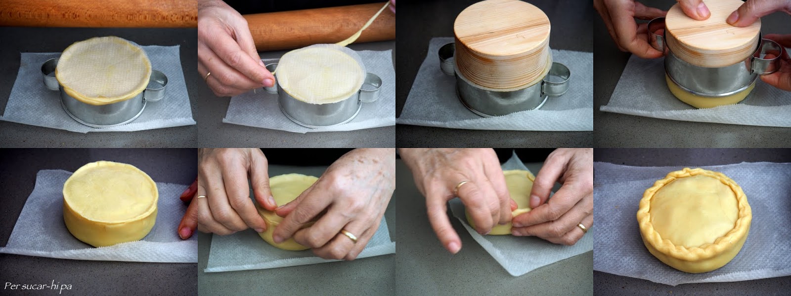 Proceso paso a paso de como se hace la forma de las panades con ayuda de un cilindro de metal.