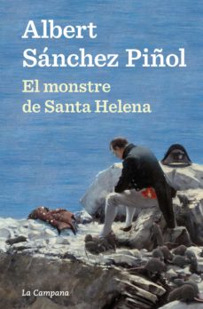 Portada del libro: “EL MONSTRE DE SANTA HELENA” de ALBERT SÁNCHEZ PIÑOL. Aparece un hombre sentado en las rocas enfrente del mar cabizbajo. A su alrededor hay roedores de color gris con cola de color rosa. 