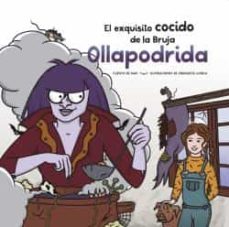 Portada de “EL EXQUISITO COCIDO DE LA BRUJA OLLAPODRIDA” de MAX & ENQUIQUETA LLORCA. Aparece una bruja de color lila cocinando en una poción y hay una niña detrás con un mono vaquero con una jersey amarillo mostaza, al lado hay un perro de color marrón.